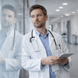 Nachdenklicher Arzt im wei&szlig;en Kittel steht im Klinikflur und denkt &uuml;ber einen m&ouml;glichen Jobwechsel nach.